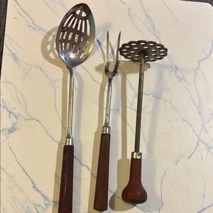 Vintage Silver and Brown Cooking Utensils Set of 3